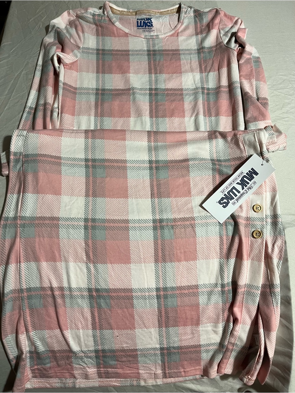 Muk Luks Pink Gray and White Plaid Long Sleeve Pajama Gown Women’s Size XS NWT